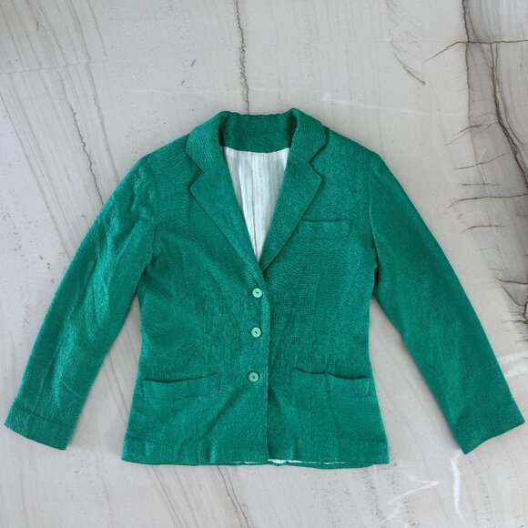Vintage 70s/80s Kelly Green Linen Blend Blazer Women's M-L, Lined, Shoulder Pads - Picture 1 of 16